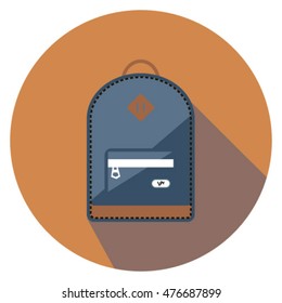Blue and brown backpack with abstract pattern. Flat icon on the light brown background