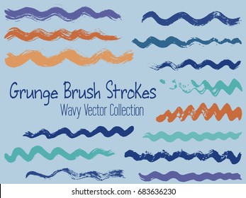 Blue and brown brush stroke wave vector collection. Bent hand drawn brushstrokes, ink splashes, watercolor splats, painted curls. Set of brush curves for summer holiday pattern.