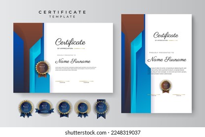 Blue and brown certificate of achievement border template with luxury badge and modern line pattern. For award, business, and education needs