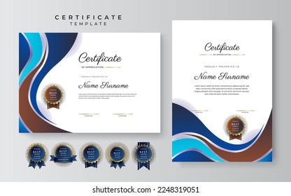 Blue and brown certificate of achievement border template with luxury badge and modern line pattern. For award, business, and education needs