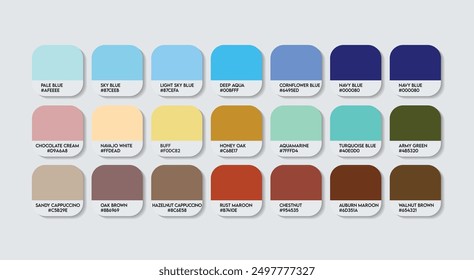 Blue and Brown Color Palette, Blue and Brown Color Guide Palette with Color Names. Catalog Samples of Blue and Brown with RGB HEX codes and Names. Metal Color Palette Vector, Fashion Trend Colors