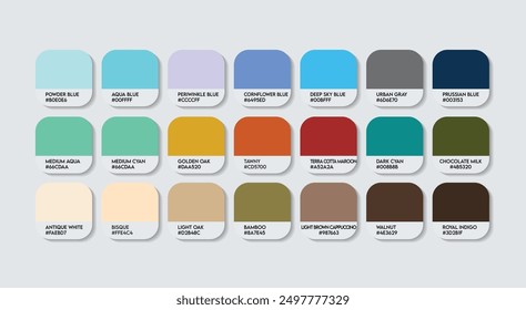 Blue and Brown Color Palette, Blue and Brown Color Guide Palette with Color Names. Catalog Samples of Blue and Brown with RGB HEX codes and Names. Metal Color Palette Vector, Fashion Trend Colors