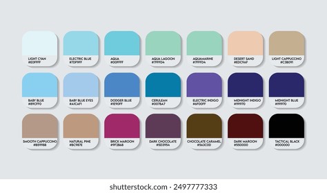 Blue and Brown Color Palette, Blue and Brown Color Guide Palette with Color Names. Catalog Samples of Blue and Brown with RGB HEX codes and Names. Metal Color Palette Vector, Fashion Trend Colors