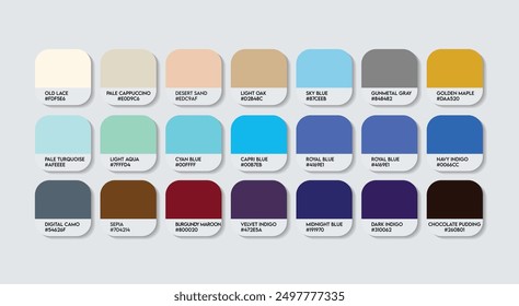 Blue and Brown Color Palette, Blue and Brown Color Guide Palette with Color Names. Catalog Samples of Blue and Brown with RGB HEX codes and Names. Metal Color Palette Vector, Fashion Trend Colors