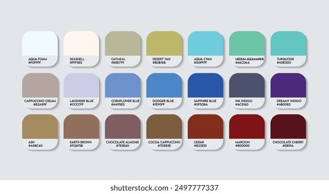 Blue and Brown Color Palette, Blue and Brown Color Guide Palette with Color Names. Catalog Samples of Blue and Brown with RGB HEX codes and Names. Metal Color Palette Vector, Fashion Trend Colors