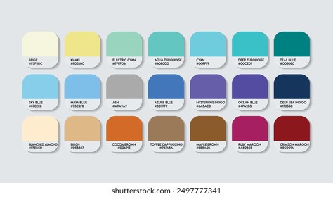 Blue and Brown Color Palette, Blue and Brown Color Guide Palette with Color Names. Catalog Samples of Blue and Brown with RGB HEX codes and Names. Metal Color Palette Vector, Fashion Trend Colors