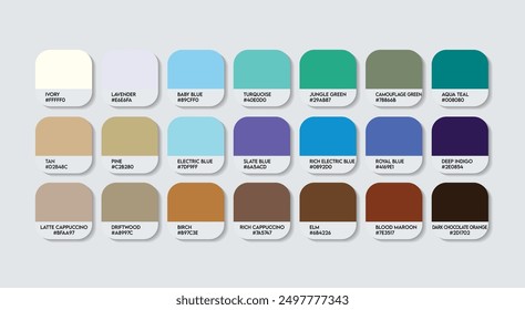 Blue and Brown Color Palette, Blue and Brown Color Guide Palette with Color Names. Catalog Samples of Blue and Brown with RGB HEX codes and Names. Metal Color Palette Vector, Fashion Trend Colors