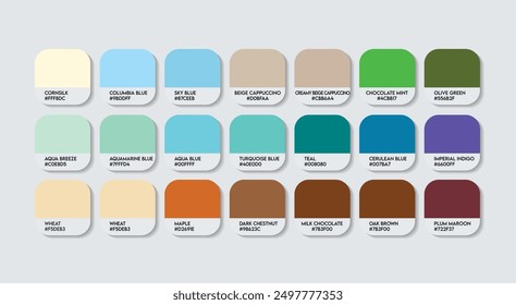 Blue and Brown Color Palette, Blue and Brown Color Guide Palette with Color Names. Catalog Samples of Blue and Brown with RGB HEX codes and Names. Metal Color Palette Vector, Fashion Trend Colors