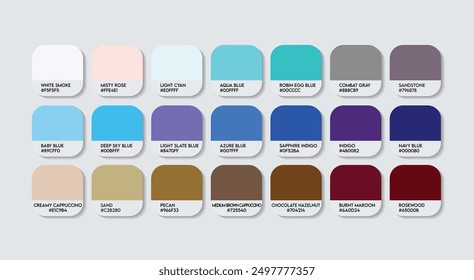 Blue and Brown Color Palette, Blue and Brown Color Guide Palette with Color Names. Catalog Samples of Blue and Brown with RGB HEX codes and Names. Metal Color Palette Vector, Fashion Trend Colors