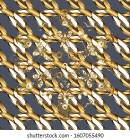 Blue and brown colors with golden elements. Seamless golden pattern. Vector golden floral ornament brocade textile and glass pattern. Gold metal with floral pattern.