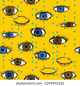 Blue and brown crying eye doodle pattern on a yellow background. Open and closed human eyes under rain seamless vector illustration