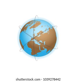 Blue and brown Earth globe with three orbits