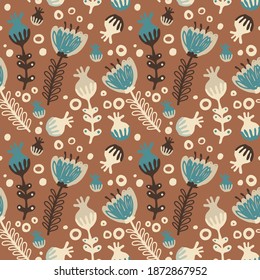Blue and brown Flowers Vector seamless pattern, Floral background