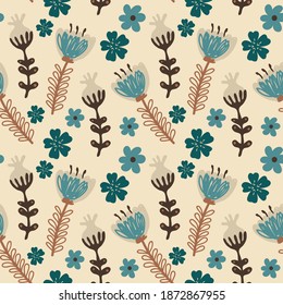 Flores azules y marrones Vector sin soldadura, fondo floral