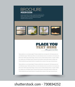Blue and brown flyer design template with built in images. Brochure for business, education, presentation, advertisement. Corporate identity style concept. Editable vector illustration.