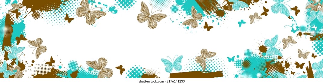 blue and brown frame with butterflies. Horizontal long floral frame. Vector illustration