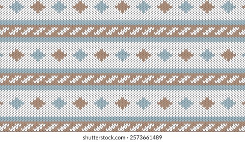 Blue and brown geometric knitted design, Festive Sweater Design. Seamless Knitted Pattern