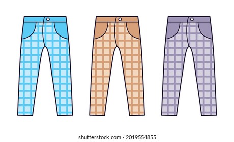 Blue, brown and gray black checkered slacks pants isolated vector set.