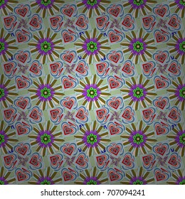 Blue, brown and green colors vector seamless pattern with many flowers.