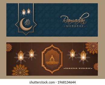 Diseño De Cabeceras O Pancartas Azules Y Marrones Con Caligrafía Árabe De Ramadán Mubarak, Luna Creciente, Linternas Iluminadas Se Cuelgan En Dos Opciones.