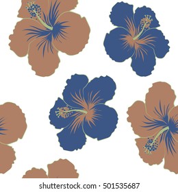 Blue and brown hibiscus flowers. Watercolor painting effect, vector illustration, of a blue and brown hibiscus flower, blossom with multicolored leaves isolated hand drawn on white background.