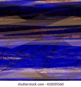 Blue and brown. Horizontal strips of light and dark. Scratches and thin lines. Randomly mixed. Transparency, overlay, intersection. Abstract seamless background.