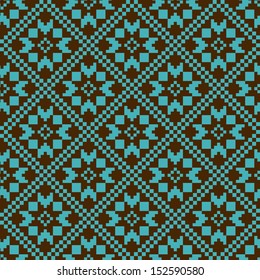 Blue and brown knitted pattern with nordic style snowflakes, vector seamless illustration