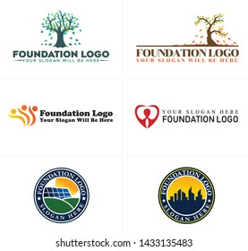 Blue brown line art logo design illustration vector tree people Badge sun solar panel with building suitable for community nonprofit business foundation charity agency