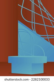 Blue and brown mockup product display. Abstract stage showcase. Vector cylinder pedestal podium for presentation. Minimal geometric forms, empty platform scene.