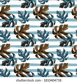Blue and brown monstera leaf seamless pattern. Bright background with blue and white strips. Perfect for wallpaper, textile, wrapping paper, fabric print. Vector illustration.