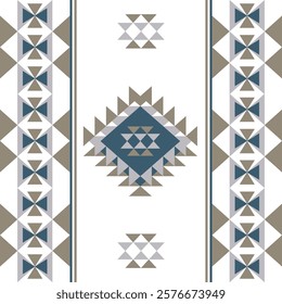 Blue and brown on white background, Aztec-style seamless pattern. Tribal vector texture. Navajo, Aztec background. Design for elaborate borders, rugs, curtains, and textiles.