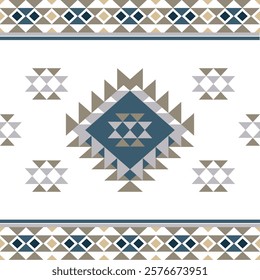 Blue and brown on white background, Aztec-style seamless pattern. Tribal vector texture. Navajo, Aztec background. Design for elaborate borders, rugs, curtains, and textiles.