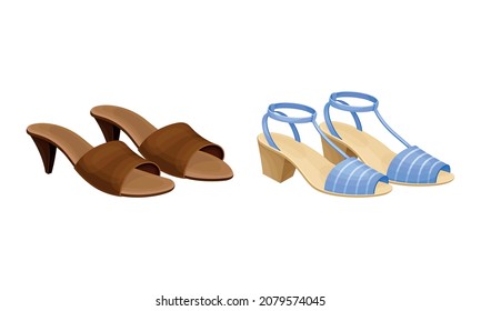 Blue and Brown Open Toe Womens Shoes with Heels Vector Set