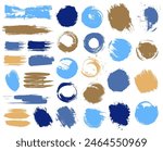 Blue brown paint stains brush stroke backgrounds set. Artistic vector design elements, boxes, frames for text, labels, logo. Grunge stickers, paintbrush grunge stamp label backgrounds, circles, frames