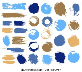 Conjunto de fondos de pincelada de manchas de pintura marrón azul. Elementos de diseño de Vector artístico, cajas, marcos para texto, etiquetas, logotipo. Pegatinas de grunge, fondo de etiqueta de sello de grunge de pincel, círculos, marcos