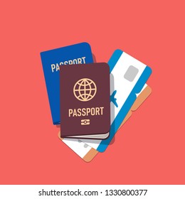 Blue and brown passport with on air tickets. View top. Illustration in flat style. Vector isolated object.