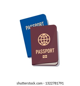 Blue and brown passport with shadow. View top. illustration in flat style. Vector isolated object.