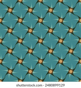 A blue and brown patterned fabric with a design of circles and squares