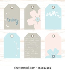 Blue, brown and pink. Romantic tags collection  with flowers, lettering.  Set of  holiday invitations. Shabby chic Collection tags, cute tags, Set tags, printable tags, hand drawn tags