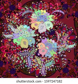 Blue, brown and red on colors. Doodles pattern. Tender fabric pattern. Vector. Seamless Abstract interesting background.
