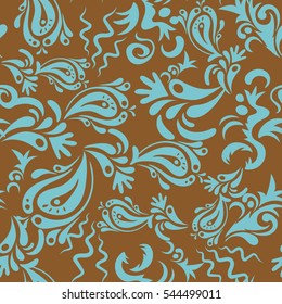 Blue and brown seamless background flower ornament pattern. Abstract arabesque background for greeting card, presentation or wedding invitations. Traditional vector gothic damask background.