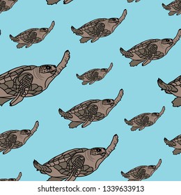 Blue and brown seamless vector background with elements of sea turtles. Perfect for fabric, gift wrap, wall paper, scrapbooking, invitations, home decor, quilting and projects.