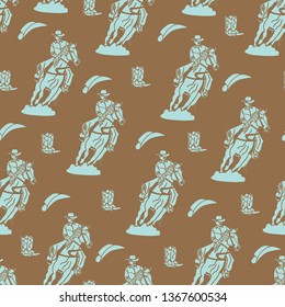 Blue and brown seamless vector background with elements of cowgirls and horses. Perfect for fabric, gift wrap, wall paper. scrapbooking, invitations, home decor, quilting and projects.