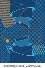 Blue and brown simple geometric vector banner, poster. Vibrant old geometrical shapes background. Abstract retro graphic busy psychodelic volumetric art illustration.