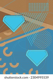 Blue and brown simple geometric vector banner, poster. Vibrant old geometrical shapes background. Abstract retro graphic busy psychodelic volumetric art illustration.