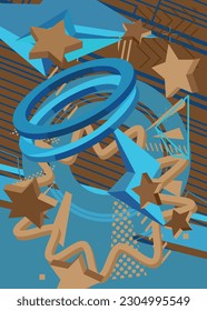 Blue and brown simple geometric vector banner, poster. Vibrant old geometrical shapes background. Abstract retro graphic busy psychodelic volumetric art illustration.