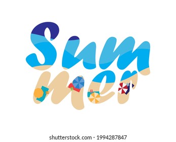 Blue and Brown summer logo with parasols, flip flops and beach towel illustrations, on White background