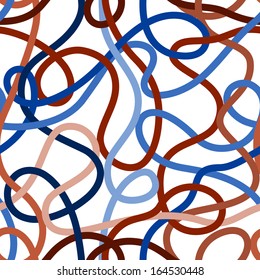 Blue and brown tangled messy wires or yarn seamless pattern on white, vector