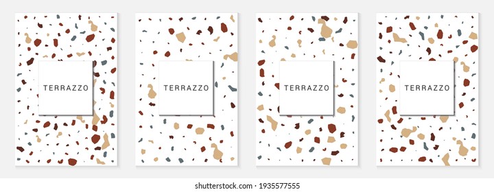 Blue and Brown Terrazzo Tile Vector Set Background. Fashion Terrazzo Wall Banner. Indigo and Beige Venetian Backdrop.