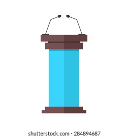 blue and brown tribune icon with microphones. concept of speaking, voting, leadership, discussion, public performance. isolated on white background. flat style trend modern design vector illustration